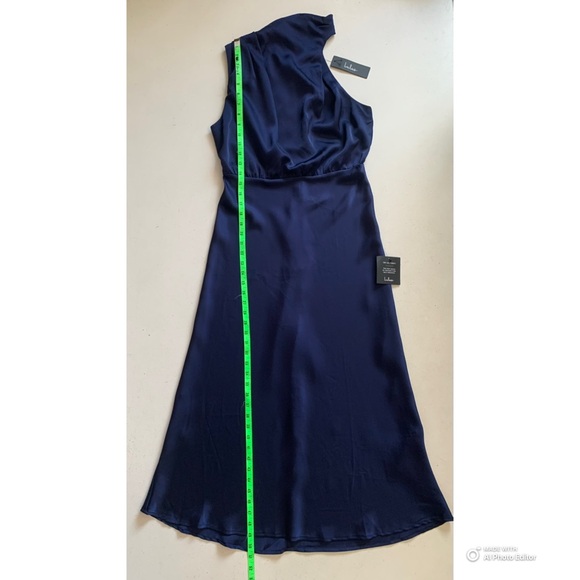 Lulus Medium Distinctive Charm Navy Blue Satin Asymmetrical Midi Dress NWT - Picture 16 of 17